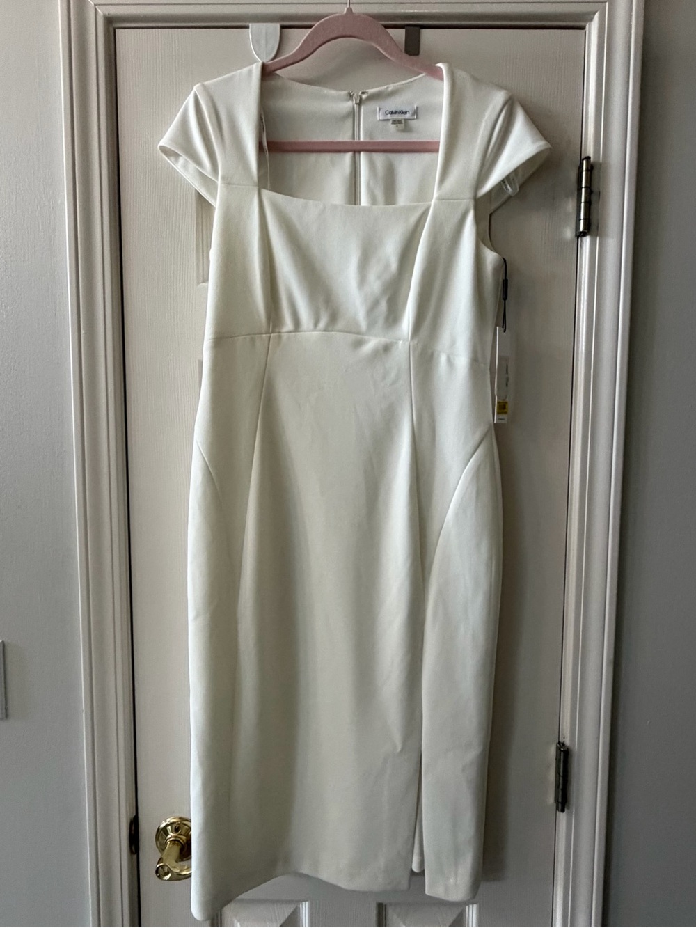 Calvin Klein NWT White Square Neck Cap Sleeve Scuba Crepe Sheath Dress 8